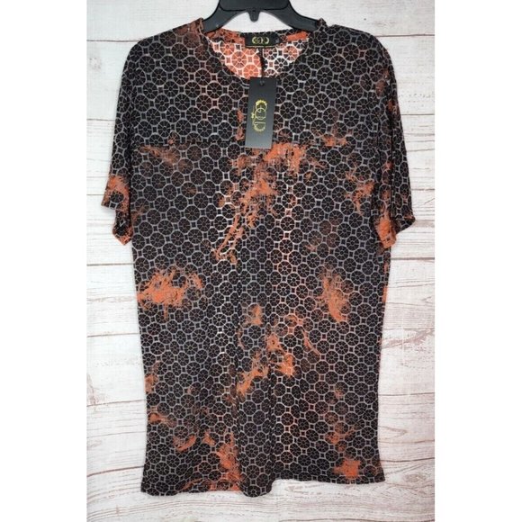 Gold Leaf Orange Blotch Breathable See Through Short Sleeve Designer XL Shirt - Picture 1 of 12